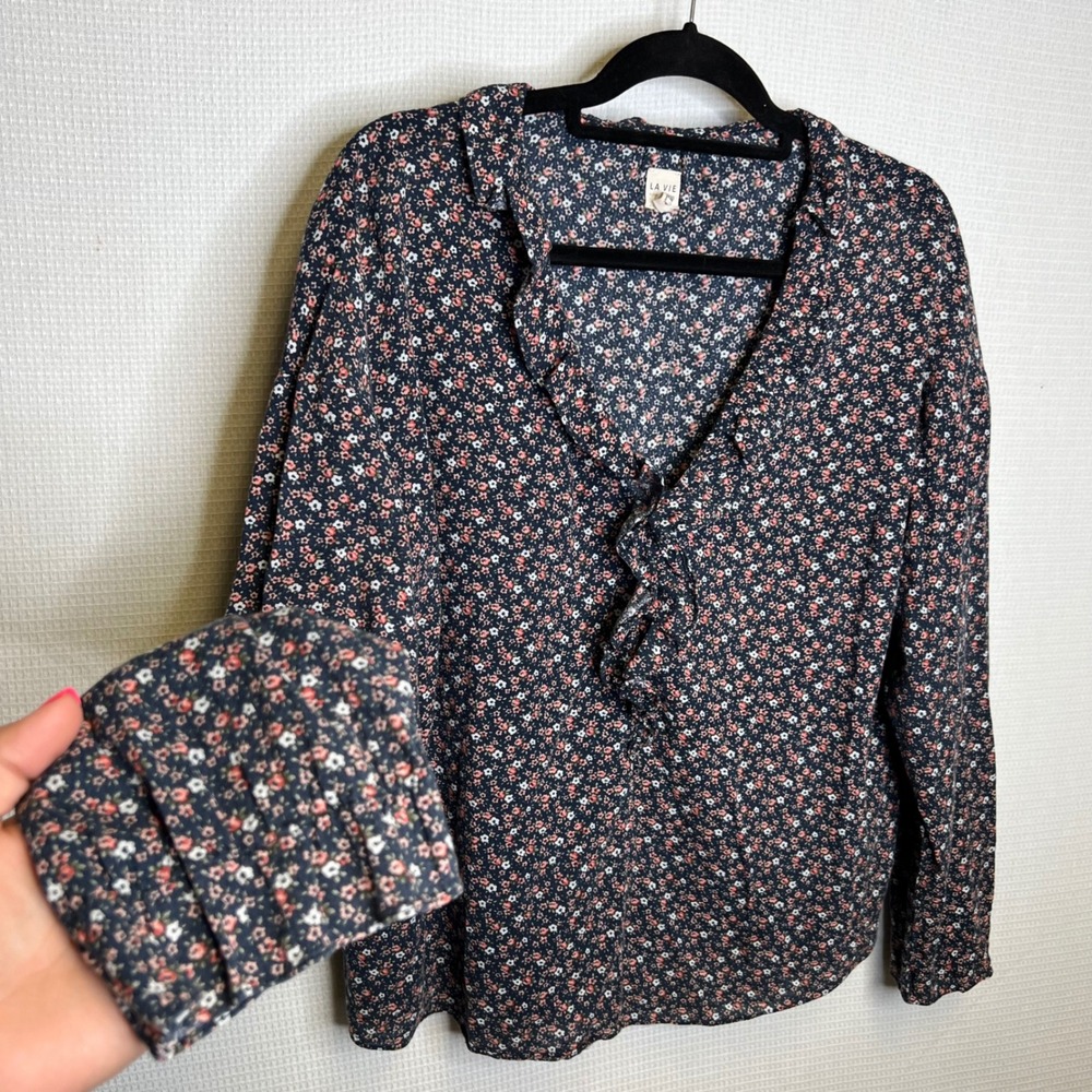 La Vie Rebecca Taylor Nadia Fleur Floral Print Long Sleeve Blouse Ruffle Trim XL